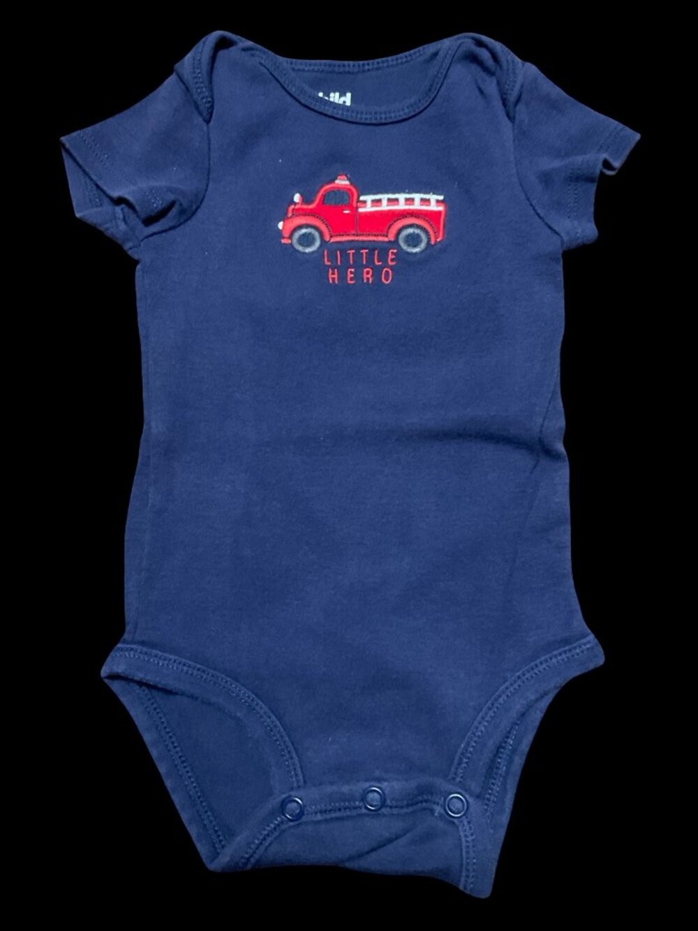 🌻10/$25 - Navy "Little Hero" Onesie w/ Fire Truck Applique